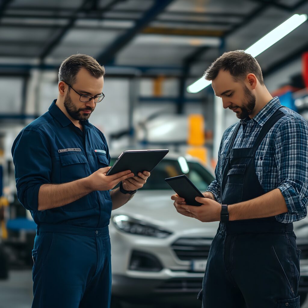 two mechanics in a garage using tablets to review car repair details. two mechanics in a garage using tablets to review car repair details.